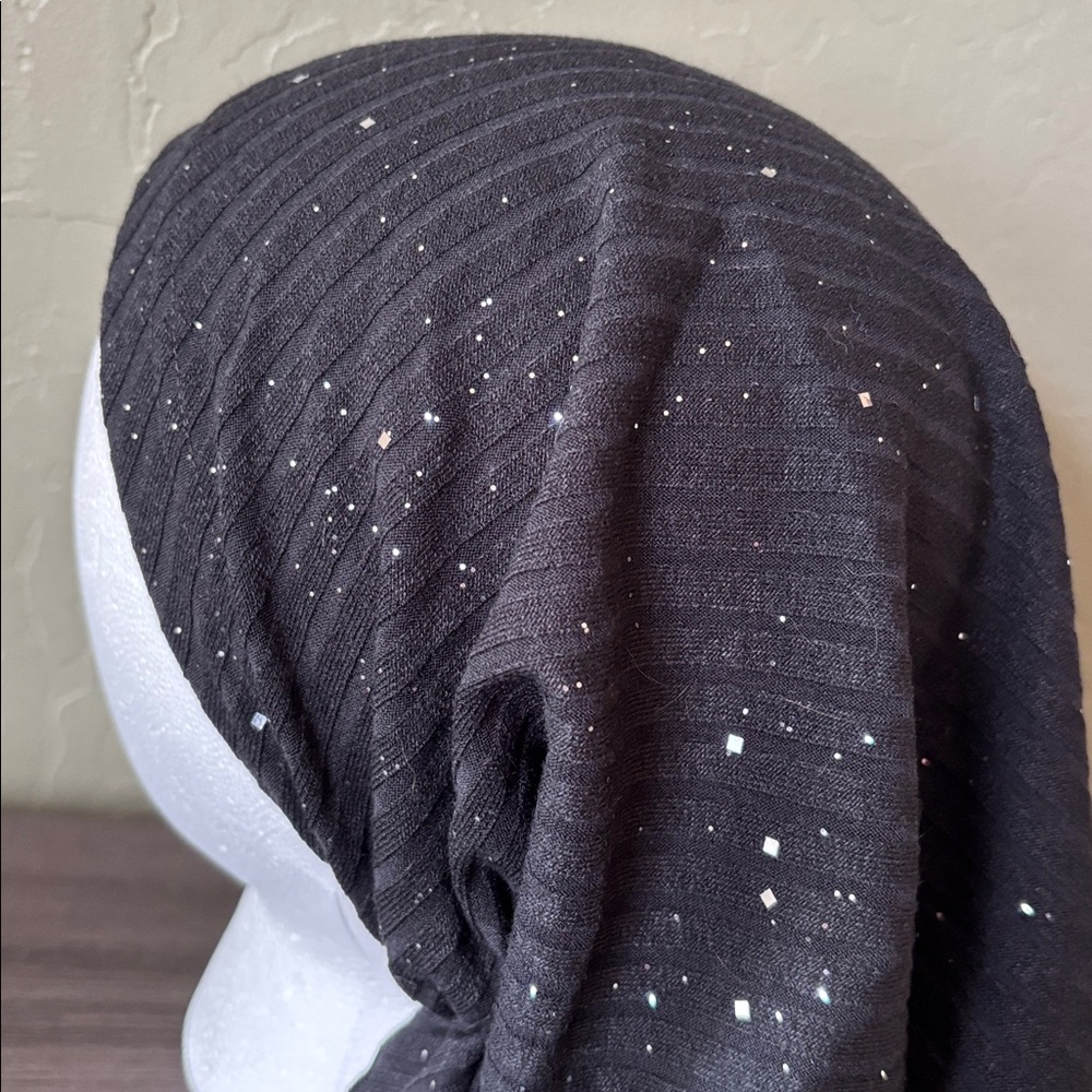 Black with Silver Sparkle Pre-tied Head Scarf Stretchy Ribbed Fabric NWOT - Picture 7 of 9
